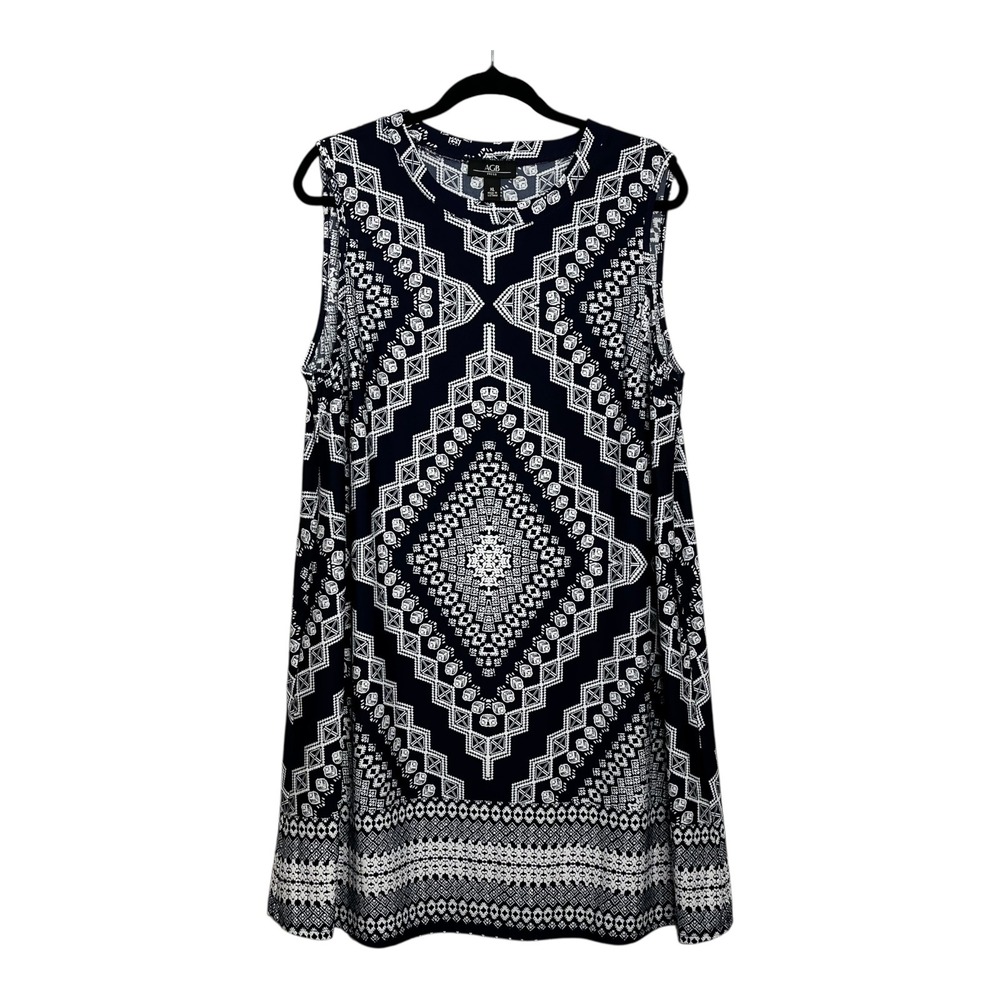 AGB Womens Navy Blue White Geometric Medallion Sleeveless Shift Dress XL 0324K90